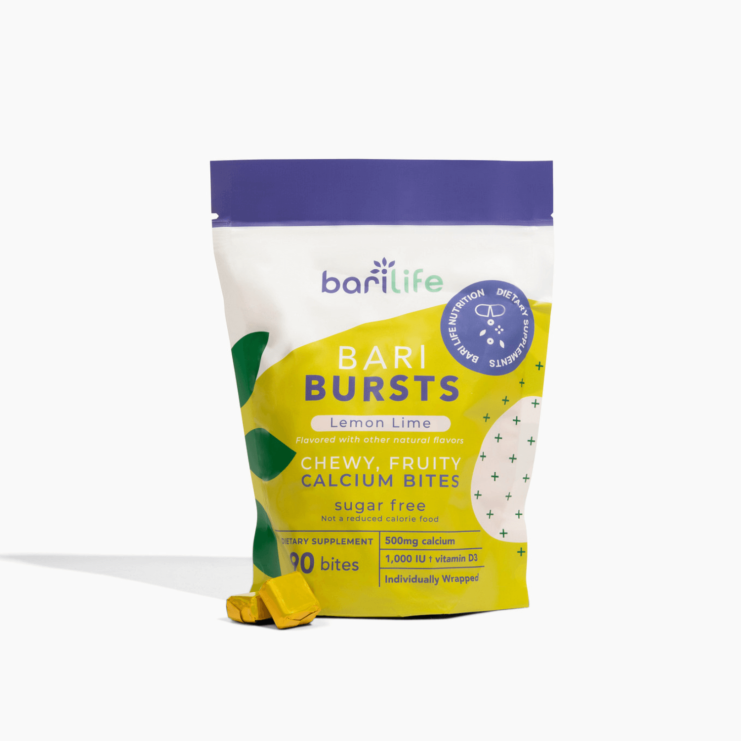 BariBurst Lemon Lime calcium chews, sugar-free, 500mg calcium, 1000 IU vitamin D, chewy and fruity snack.